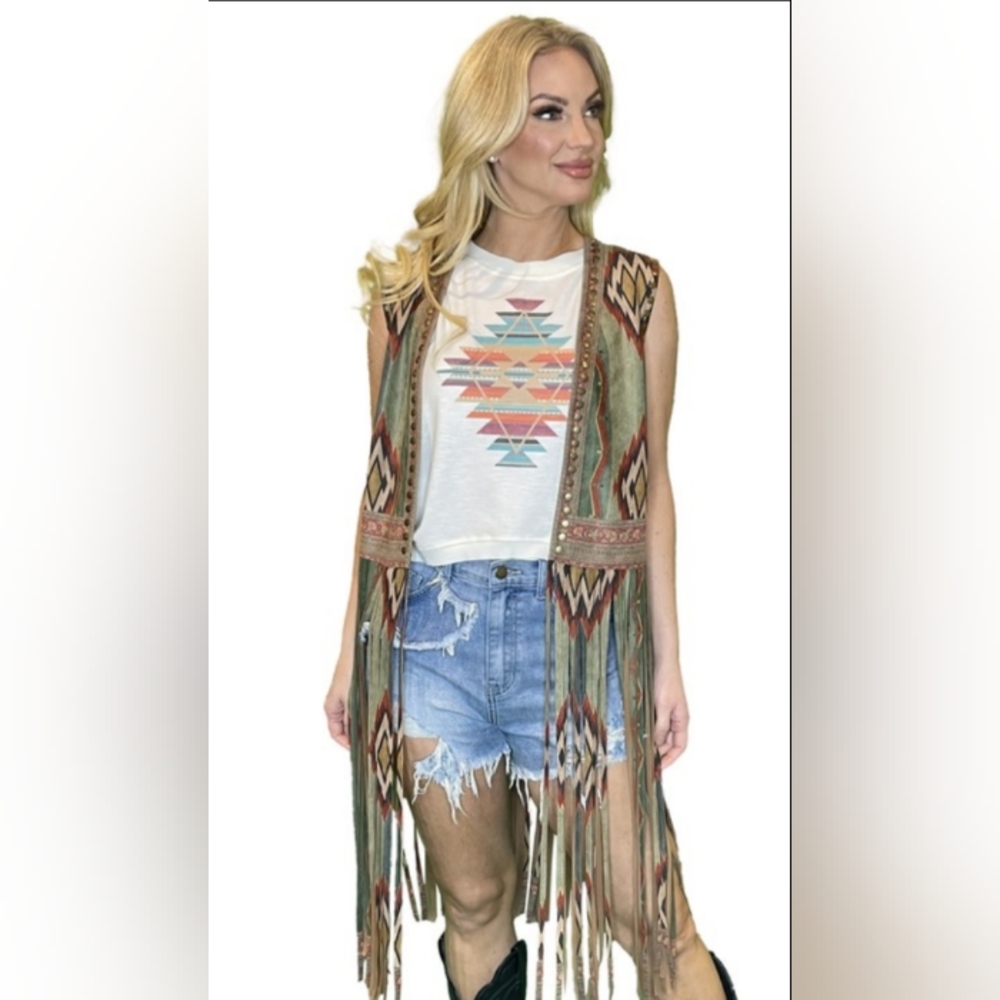 Aztec Print Vest w/Fringe